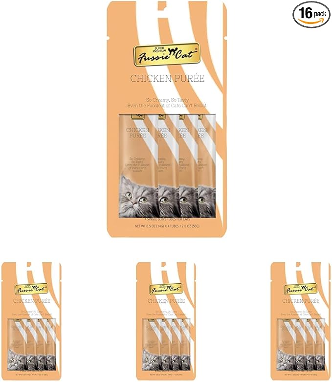 Fussie Cat Chicken Puree, lickable cat Treats, 0.5oz Pouch 4 Count (Pack of 4)