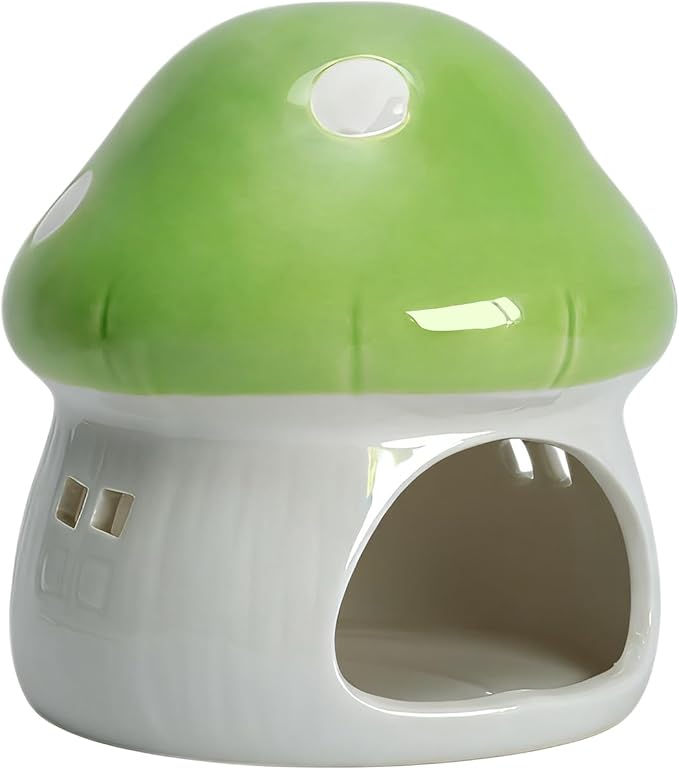 AnRui Ceramic Mushroom Aquarium Decor Cute House Betta Fish Tank Accessories Decoration Hideout Cave for Small Fish, Shrimp, Goldfish and Reptiles, Easy to Clean (Green, Small)