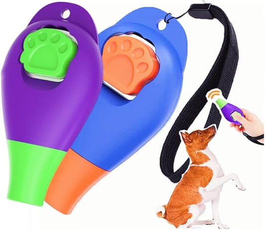Perwin Dog Training Clicker with Whistle and Wrist Strap - Positive Behavior Reinforcer for Pets - All Ages, Puppy and Adult Dogs - Use to Reward and Train - Dog Whistle Included (Purple)