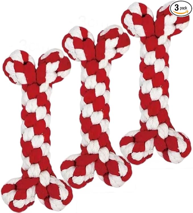 3-Piece Set Dog Rope Toys Set with Bone-Shaped Chew Toy, Durable Cotton Rope Toys for Teething, Training, and Interactive Play for Small to Medium Dogs (Red & White) (3 Pieces)