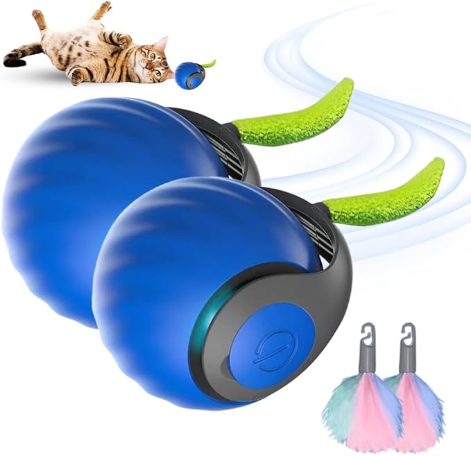 2025 New Speedy Toy Interactive Cat Toy for Indoor, Two Speed Adjustment With Replacement Tail, USB Rechargeable Smart Automatic Rolling Pet Ball (Blue* 2)