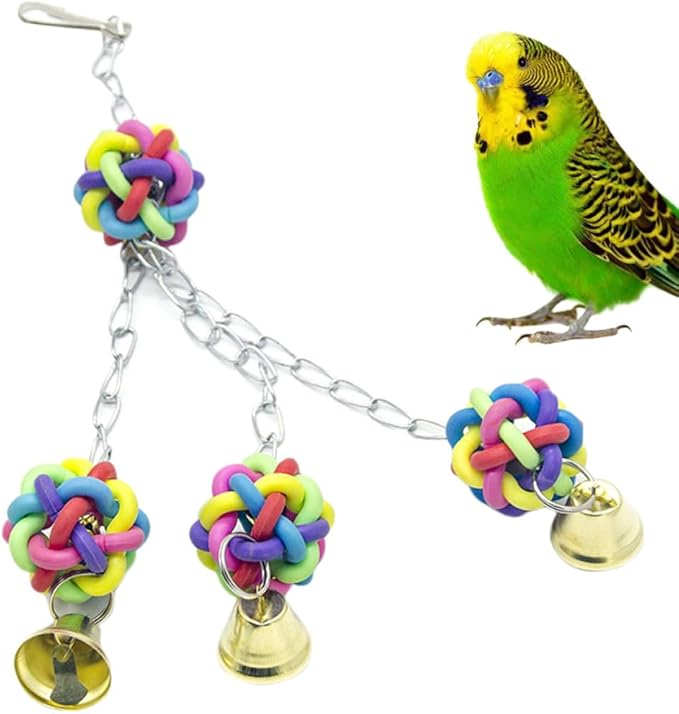 Luxshiny Parrot Bite Hanging Chewing Ball with Colorful Plastic Bell for Bird Cage Accessory, Sturdy Parrot Chewing for Pet Birds and Parakeets