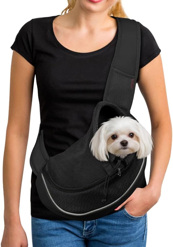 YUDODO Pet Sling Carrier for 10-15 lbs Small Dogs & Cats – Hands-Free Puppy Carrier with Safety Hook, Large Zipper Pocket, Soft Breathable Mesh, Adjustable Strap & Reflective Strip (Black 2.0 L)