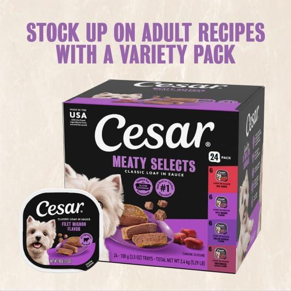 Cesar Classic Loaf in Sauce Wet Dog Food, Beef Recipe, Filet Mignon Flavor, Grilled Chicken Flavor, and Porterhouse Steak Flavor, 3.5 oz. Easy Peel Trays, Variety Pack (24 Count, Pack of 1)