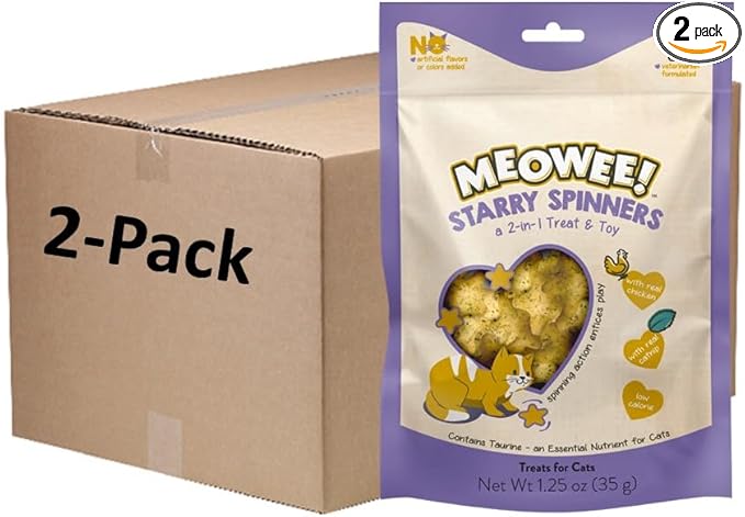MEOWEE! Starry Spinners Cat Treat, 1.25 Ounce Bag, 2-in-1 Treat & Toy Made with Real Chicken, Chicken Liver & Catnip, Encourages Playfulness & Low Calorie
