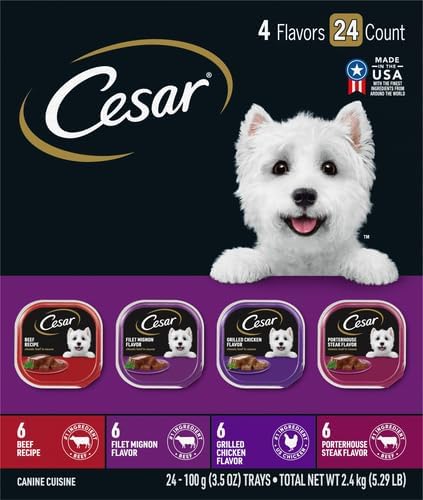Cesar Classic Loaf in Sauce Wet Dog Food, Beef Recipe, Filet Mignon Flavor, Grilled Chicken Flavor, and Porterhouse Steak Flavor, 3.5 oz. Easy Peel Trays, Variety Pack (24 Count, Pack of 1)