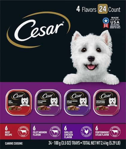 Cesar Classic Loaf in Sauce Wet Dog Food, Beef Recipe, Filet Mignon Flavor, Grilled Chicken Flavor, and Porterhouse Steak Flavor, 3.5 oz. Easy Peel Trays, Variety Pack (24 Count, Pack of 1)