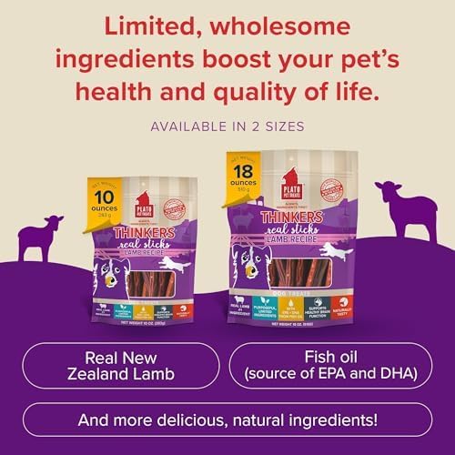 PLATO Pet Treats Thinkers - Meat Stick Treats for Dogs - Limited Ingredient Dog Treats with EPA and DHA to Support Skin, Coat, and Brain - Air-Dried Dog Treats - Thinkers Lamb 10oz - 2 Pack