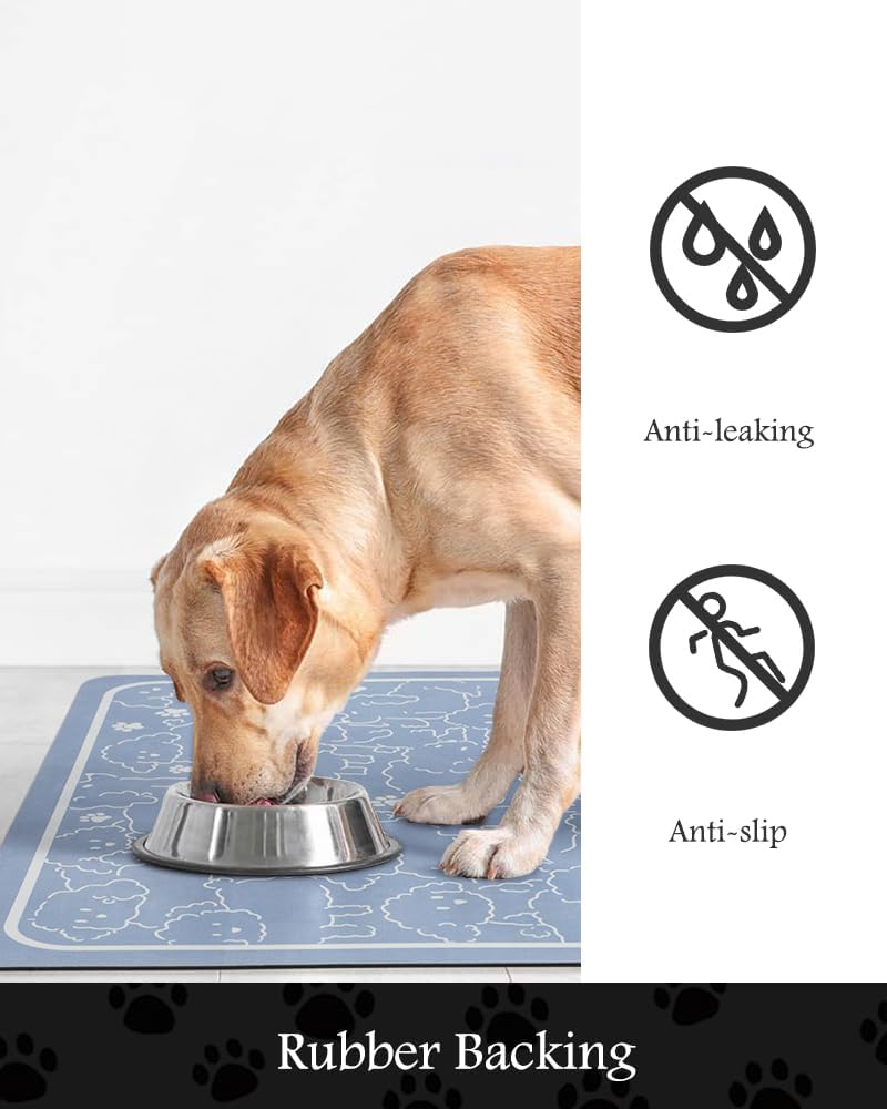 Pet Feeding Mat-Absorbent Dog Mat for Food and Water Bowl-No Stains Quick Dry Water Dispenser Mat-Dog Accessories Pet Supplies-Bowl for Messy Drinkers（BLUEDOGS,12"x19"