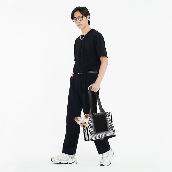 3D Black and White Checkerboard Tunnel Print Foldable Pet Tote Bag, Shoulder Carrier for Small Dogs and Cats