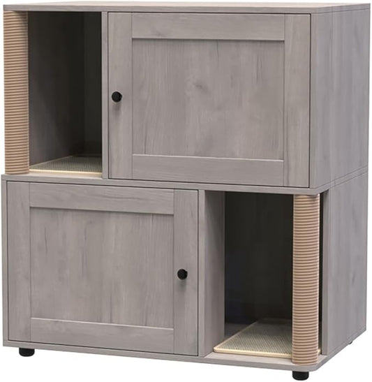 Double Layer Cat Litter Box Enclosure for 2 Cats, Hidden Litter Box Furniture with Cat Scratching Post and Board, 2 Story Wooden Cats Washroom or Bed, Pet House End Table for Living Room Balcony