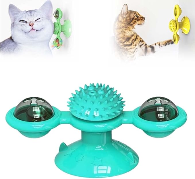 Interactive Windmill Cat Toys with Catnip, 2024 Funny Cat Toys for Indoor Cats Kitten Toys with LED Light Ball, Suction Cup Wall Mount Cat Spinner with Rotatable Toy Ball for Cat(Blue)