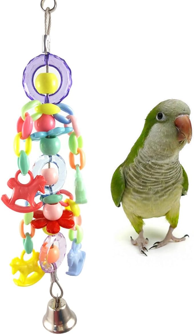 Happyyami Parrot Bite with Acrylic Beads and Bell, Colorful Hanging Bird for Cage, Chew and Beak Exercise Accessory for Parrots and Small Birds Random Color