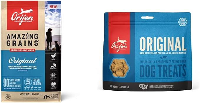 ORIJEN® Dry Dog Food, High Protein, Amazing Grains Original 22.5LB Freeze Dried Dog Treats, Original, 1.5oz