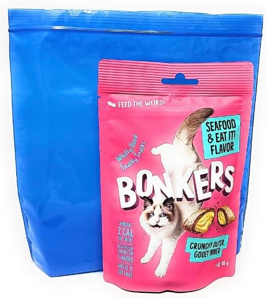 Bonkers Crunchy Cat Treats, 3oz (Variety Pack of 3 - Chicken, Seafood, Catnip) and Resealable Bags