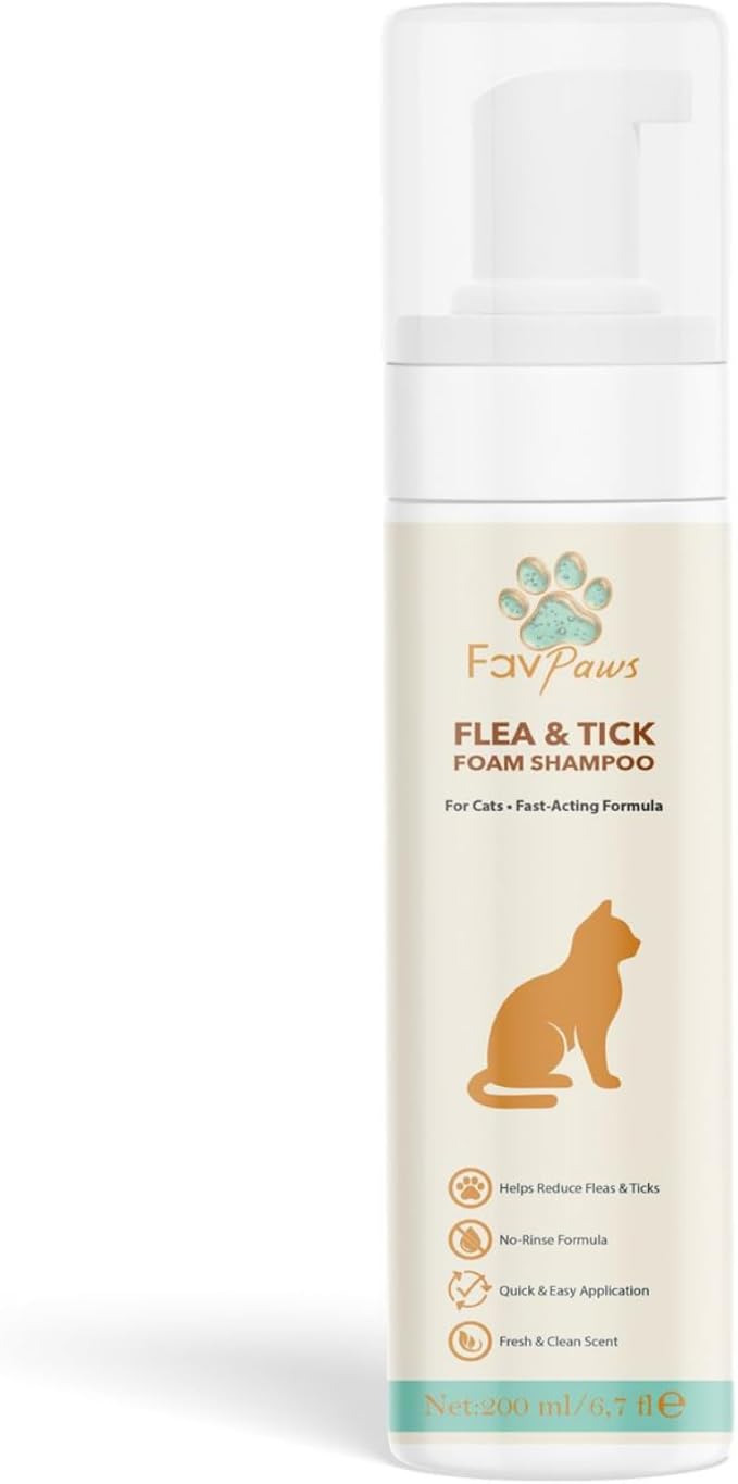 Flea & Tick Cat Waterless Foam Shampoo – No Rinse Grooming Formula – Gentle Care Coat Cleansing – Fresh Clean Scent – Dry Shampoo for Cats and Kittens -200 ml (6.7 fl oz)