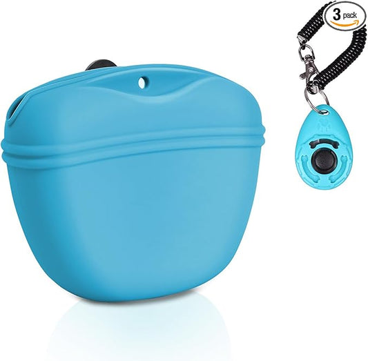 Left&Right Dog Clicker Training Kit,Silicone Dog Training Treat Pouch and Dog Clickers,Dog Treat Bag with Clicker Training for Dogs,Pet Treat Bag with Magnetic Buckle Closing and Waist Clip,Sky Blue