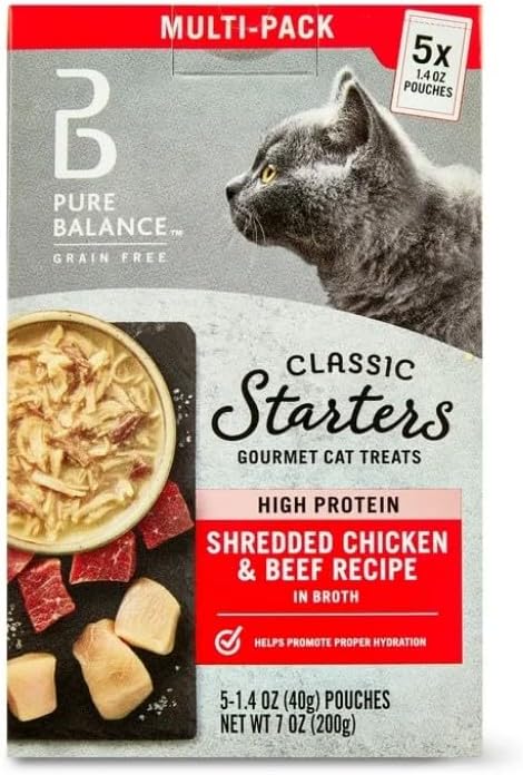 Pure~Balance Classic Starters Gourmet Cat Treats, Shredded Chicken & Beef in Broth, High Protein, Soft Treats ~ 5 Pouches of 1.4 Oz Inside, Wet Cat Treat Adult Cats ~ (2 Box) ~ (1 Pack)