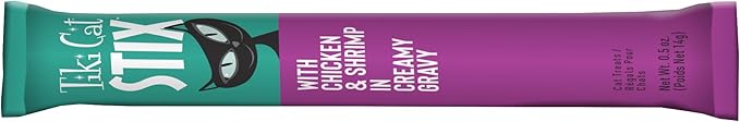 Tiki Cat Stix Mousse Treats, Single Serve Indulgent Lickable Treat or Dry Food Topper, Chicken and Shrimp in Creamy Gravy, 3 oz. Pouch