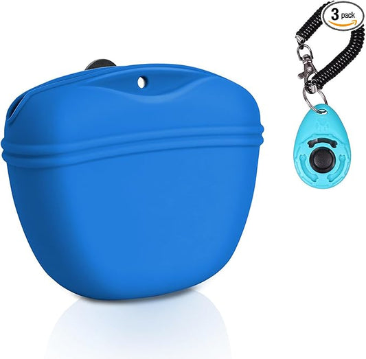 Left&Right Dog Clicker Training Kit,Silicone Dog Training Treat Pouch and Dog Clickers,Dog Treat Bag with Clicker Training for Dogs,Pet Treat Bag with Magnetic Buckle Closing and Waist Clip,Navy Blue