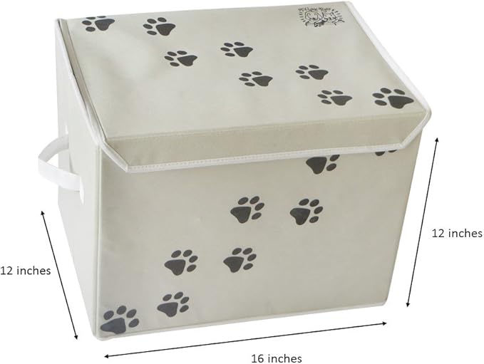 Feline Ruff Large Dog Toys Storage Box. 16" x 12" inch Pet Toy Storage Basket with Lid. Perfect Collapsible Canvas Bin for Cat Toys and Accessories Too! (Tan)