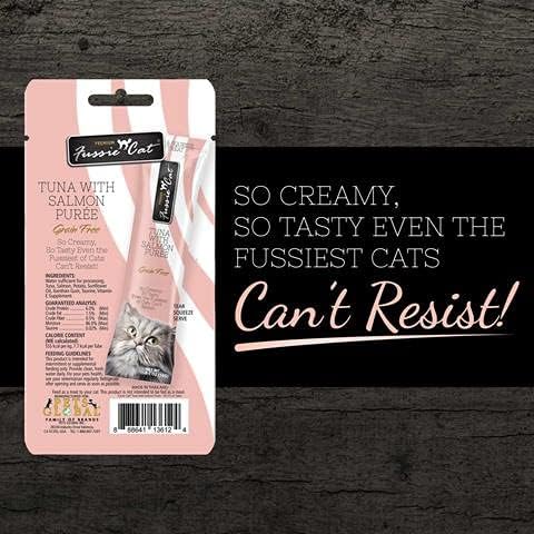 Fussie Cat Puree Grain Free Treat in 3 Flavor Bundle: 1 Tuna with Salmon, 1 Tuna with Ocean Fish & 1 Tuna with Shrimp (3 Four-Tube Packs, 12 Tubes Total, 0.5 Oz per Tube) + Shaynanigans Silicone Lid