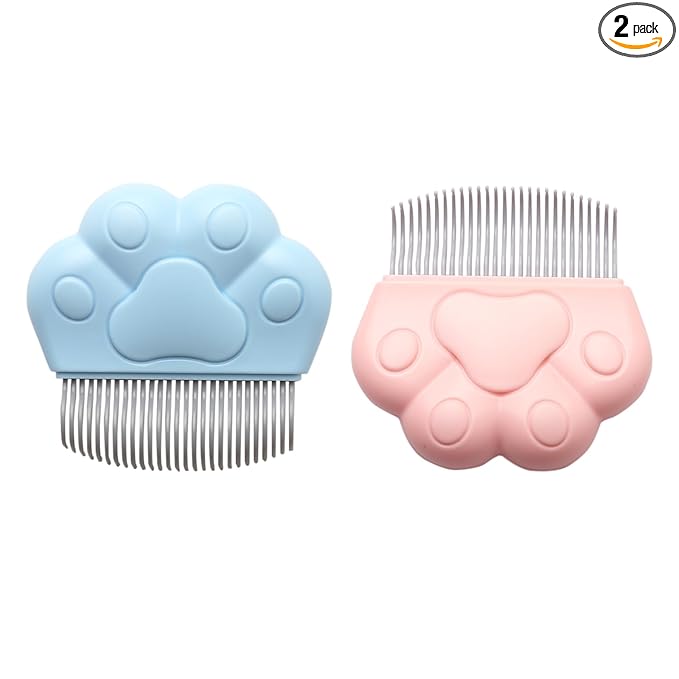 Pet Grooming Comb 2 Pack Paw Shape Brushes for Cats and Dogs – Blue and Pink Portable Massage Comb with Ergonomic Handle – Durable Wear-Resistant Brush for Shedding, Loose Fur, Tangles and Dander