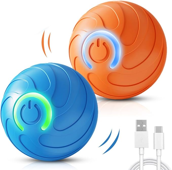 Shaky Ball Toy for Dogs, 2025 Upgrade Automatic Moving Dog Balls Vibrating Dog Balls, Rechargeable Interactive Rolling Dogs Ball Shaking Moving Toy with LED Lights for Cats (Blue+Orange)