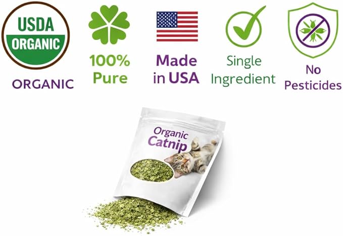 Organic Catnip for Cats USDA Certified Dried Herb Made in USA - 1 oz Pouch Premium Natural Cat Treats Strong Fresh Loose Leaf Catnip Herbs Resealable Bag Best Single Ingredient Cat Nip Buds Bulk