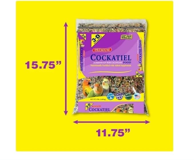 3~D Pet Products Premium Cockatiel Mix Bird Food Seeds, with Probiotics ~ 9 Lb Bag ~ 1 Pack.