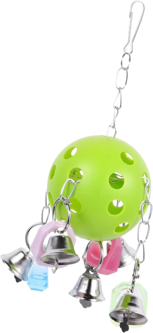 Totority Parrot Hanging Bell Ball with Colorful Chew Bell, Bird Cage Hanging for Parrots and Small Birds, Sturdy Green Plastic Pet for Cage Play and Chewing