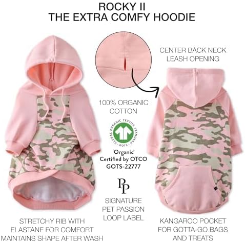 Pet Passion Rocky II - The Extra Comfy Hoodie, Organic Cotton and Recycled Poly Dog Hoodie Pet Coat Sweater for Small, Medium, Large Dogs, Pink Half Camo, Medium