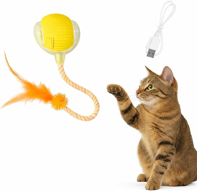 Automatic Cat Toy Ball – Rechargeable Cat Ball with Feather & Ribbon Tail – Light-Up Effects – Smart Rolling Indoor Cat Toys – Dual Speeds – Interactive Cat Toys for Kittens