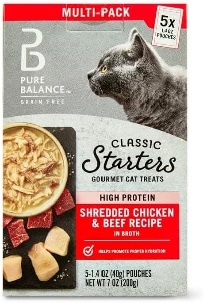 Pure Balance Classic Starters Gourmet Cat Treats, Shredded Chicken & Beef in Broth, High Protein, Soft Treats ~ 5 Pouches of 1.4 Oz Inside, Wet Cat Treat Adult Cats ~ (2 Box).