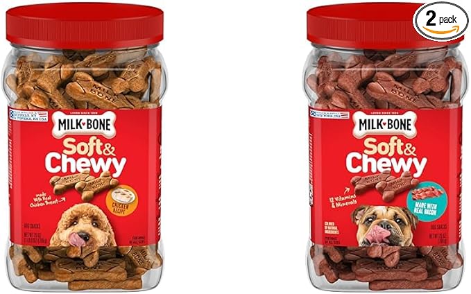 Milk-Bone Soft & Chewy Dog Treats Bundle: Chicken Recipe 25 Ounce + Real Bacon 25 Ounce