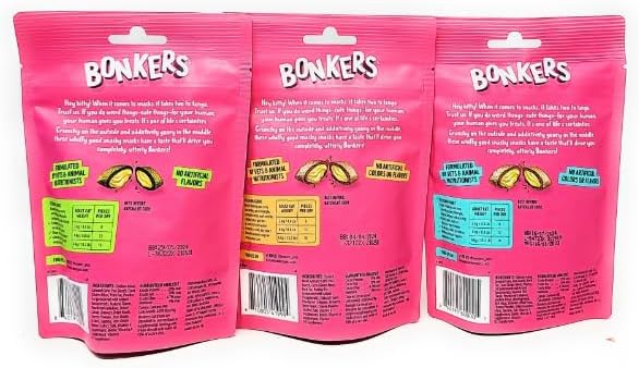 Bonkers Crunchy Cat Treats, 3oz (Variety Pack of 3 - Chicken, Seafood, Catnip) and Resealable Bags