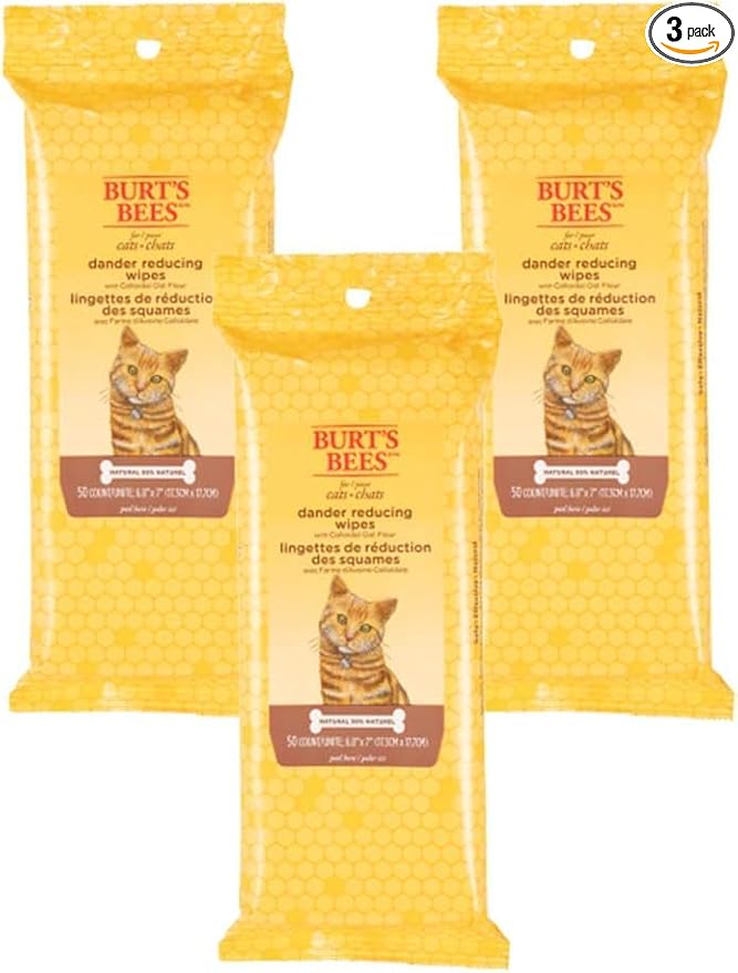 Burt's Bees for Pets Cat Dander Remover Wipes, Colloidal Oat Flour and Aloe to Soothe Dry Skin and Reduce Flaking, Unscented Grooming Cloths for Cats and Kittens, 50 Count - 3 Pack