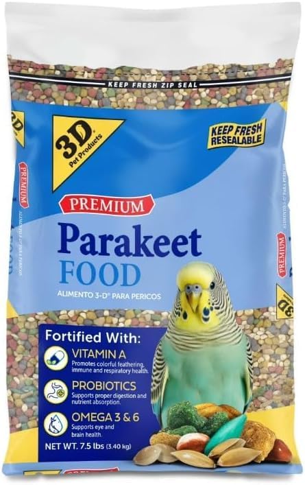 3–D Pet Products Premium Parakeet Bird Food, with Probiotics – 7.5 Lb. Zipper Seal Bag, for Daily Feeding.