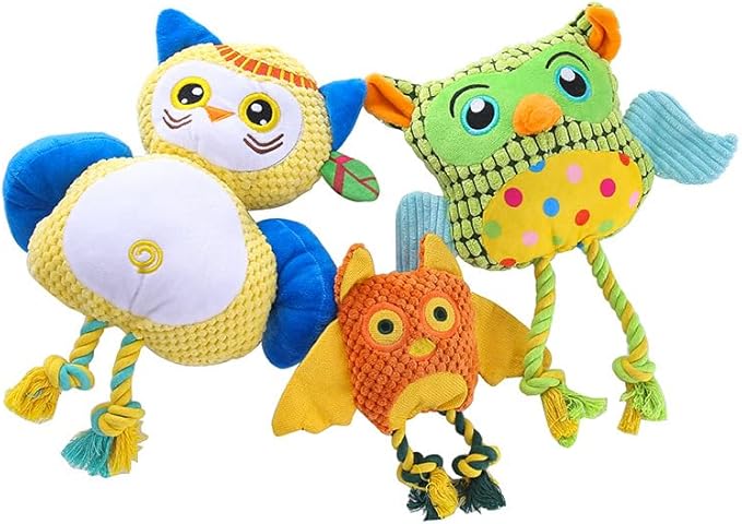 Colorful Owl Pet Toy, Dog and Cat Chew Toy for Interactive Training, Durable Plush with Squeaky Sound, Multiple Owl Designs Available, Made of Corn Plush and PP Cotton (Little Owl)