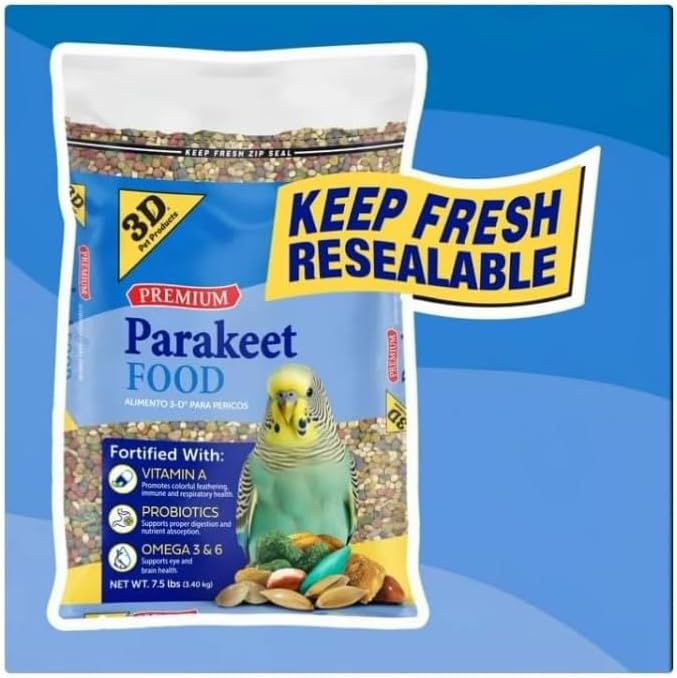 3–D Pet Products Premium Parakeet Bird Food, with Probiotics – 7.5 Lb. Zipper Seal Bag, for Daily Feeding.