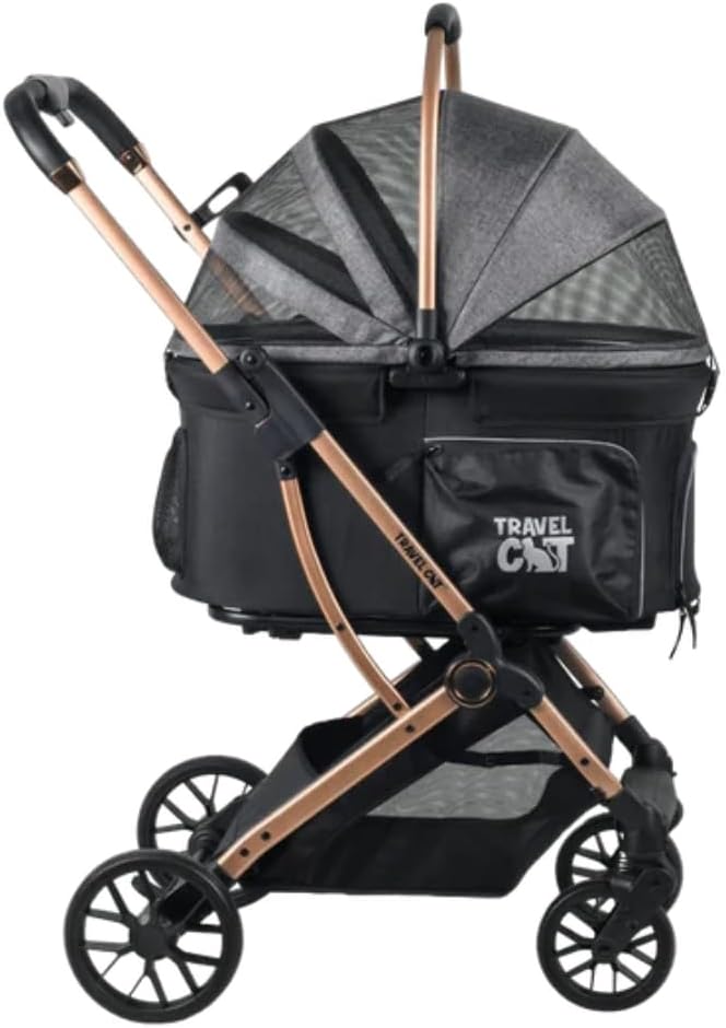 Travel Cat “Whisker Wagon” Deluxe Cat Stroller – Waterproof Bed and Tray, Detachable Bassinet Car Seat Carrier, Shock-Absorbing 360° Wheels, Foldable Travel System for Cats