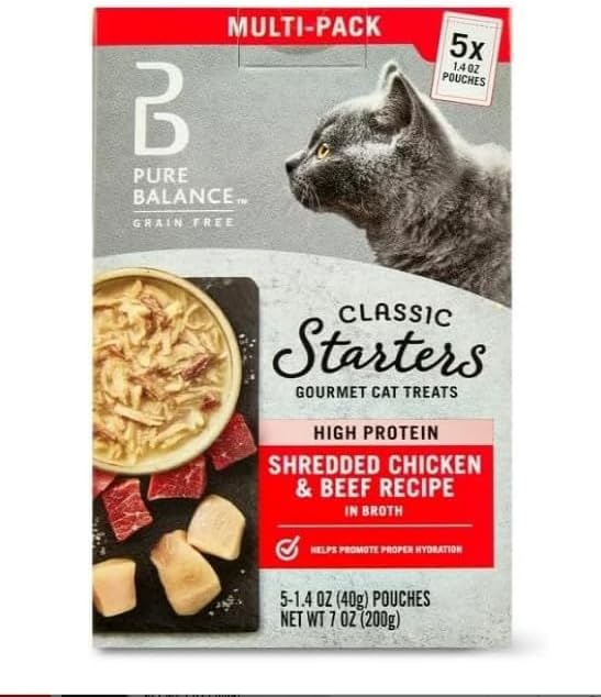 Pure ~Balance Classic Starters Gourmet Cat Treats, Shredded Chicken & Beef in Broth, High Protein, Soft Treats ~ 5 Pouches of 1.4 Oz Inside, Wet Cat Treat Adult Cats ~ (2 Box).