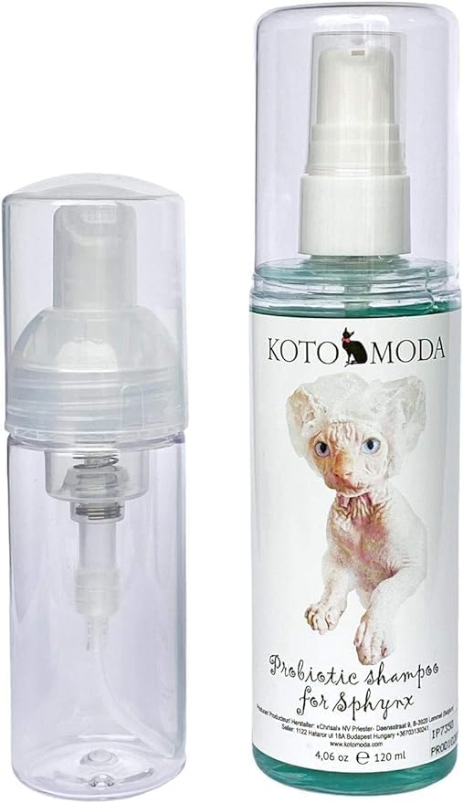 Probiotic Shampoo + Foam Dispenser Kit for Sphynx Cats, Gentle Unscented pH-Balanced Cleanser for Hairless and Short-Hair Breeds with Sensitive Skin, 4.06 fl oz / 120 ml