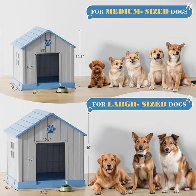 Bifanuo Dog House for Outdoor & Indoor Use with Window, Waterproof Ventilated Kennel with Elevated Floor, Easy to Clean Shelter for Small Medium Large Dogs (Blue, 37.2" L x 40" W x 40" H)