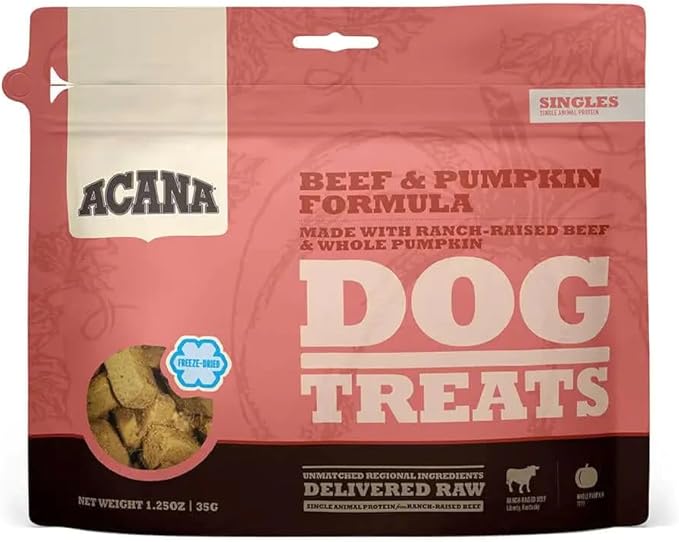 ACANA Singles Grain Free Dog Treats Limited Ingredients & Freeze-Dried Beef & Pumpkin 3.25oz Bag