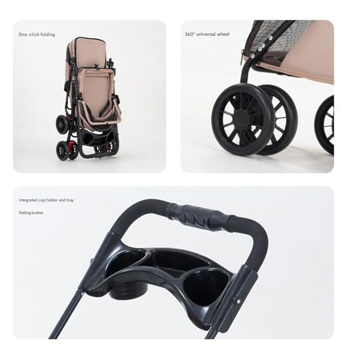 YYW Double Pet Stroller for Small Cats and Dogs, Foldable Kittens Puppies Travel Strolling Cart with 2 Carriages, Cup Holder & Lockable Wheels, Ideal for Multi-Pet Families(Khaki)