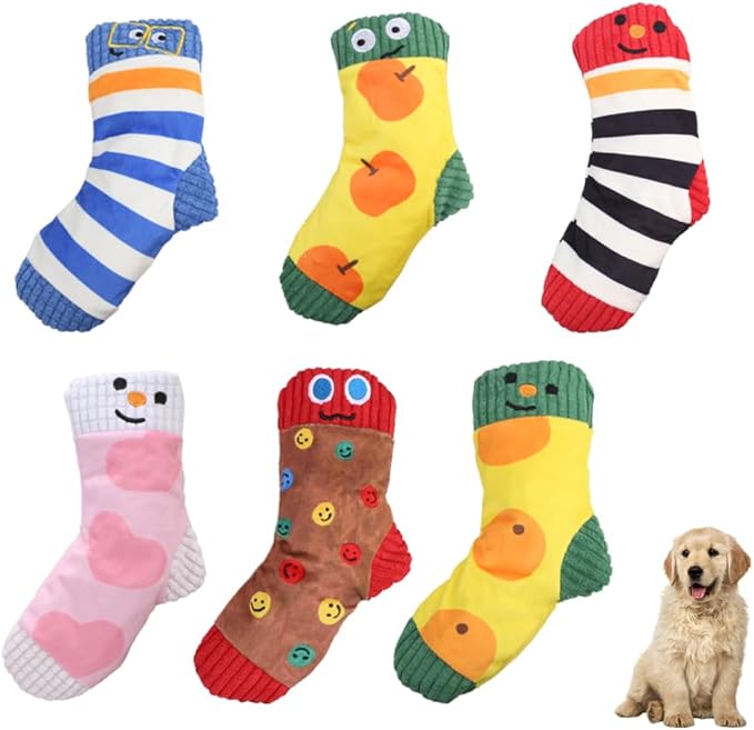 DONGKER Dog Squeaky Toys,6 PCS Stuffed Socks Dog Chewing Toys Built-in Double Sound Physical Structure for Small Medium Dogs Cats Daily Games Training Reward