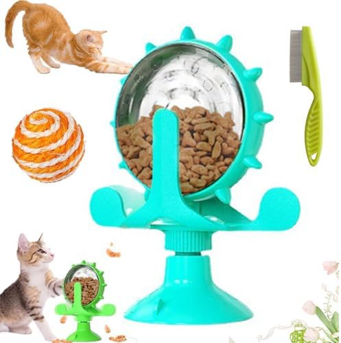 Food Spinning Windmill, Windmill Dog Treat Dispenser, 360°Rotating Treat Dispenser Toy with Suction Cup, Fun Multi Layer Rotating Turntable for Pet Toys (Blue)