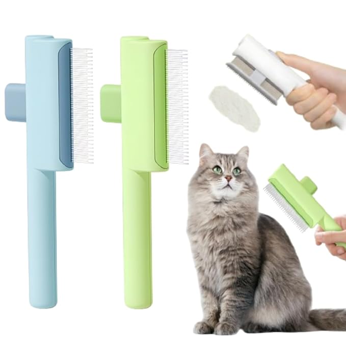 Pet Hair Removal Comb Flea Comb, 2025 Upgrade Cat Grooming Brush, Cat Brush with Release Button, De-Shedding Hair, Dog Grooming Supplies, Fine-Tooth Massage (Blue+Green)
