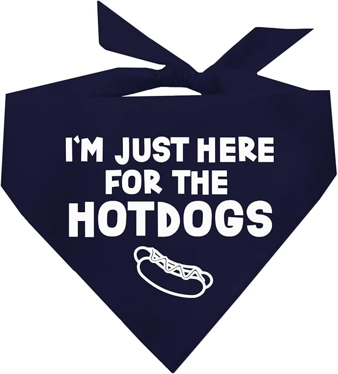 I'm Just Here for The Hot Dogs Dog Bandana | 100% Adjustable Cotton Triangle | Made in USA | July Fourth (4th) Accessory | Patriotic | Party | Parade | Event | Costume | Navy, X-Small (750)